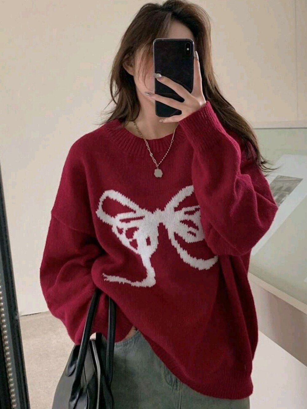Ladies' Round Neck Loose Knitted Sweater With Bow Detail,Three Quarter